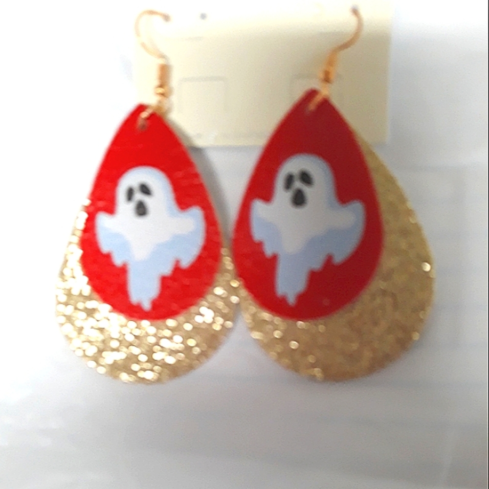CUTE Halloween Ghost Glitter Earrings Teardrop Leather Blingy Fall NEW NWT